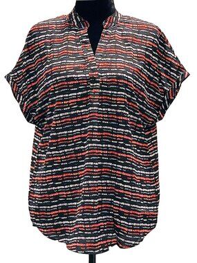 Striped Tunic Blouse Split Neck Flowy Black Coral Short Sleeve L NWOT